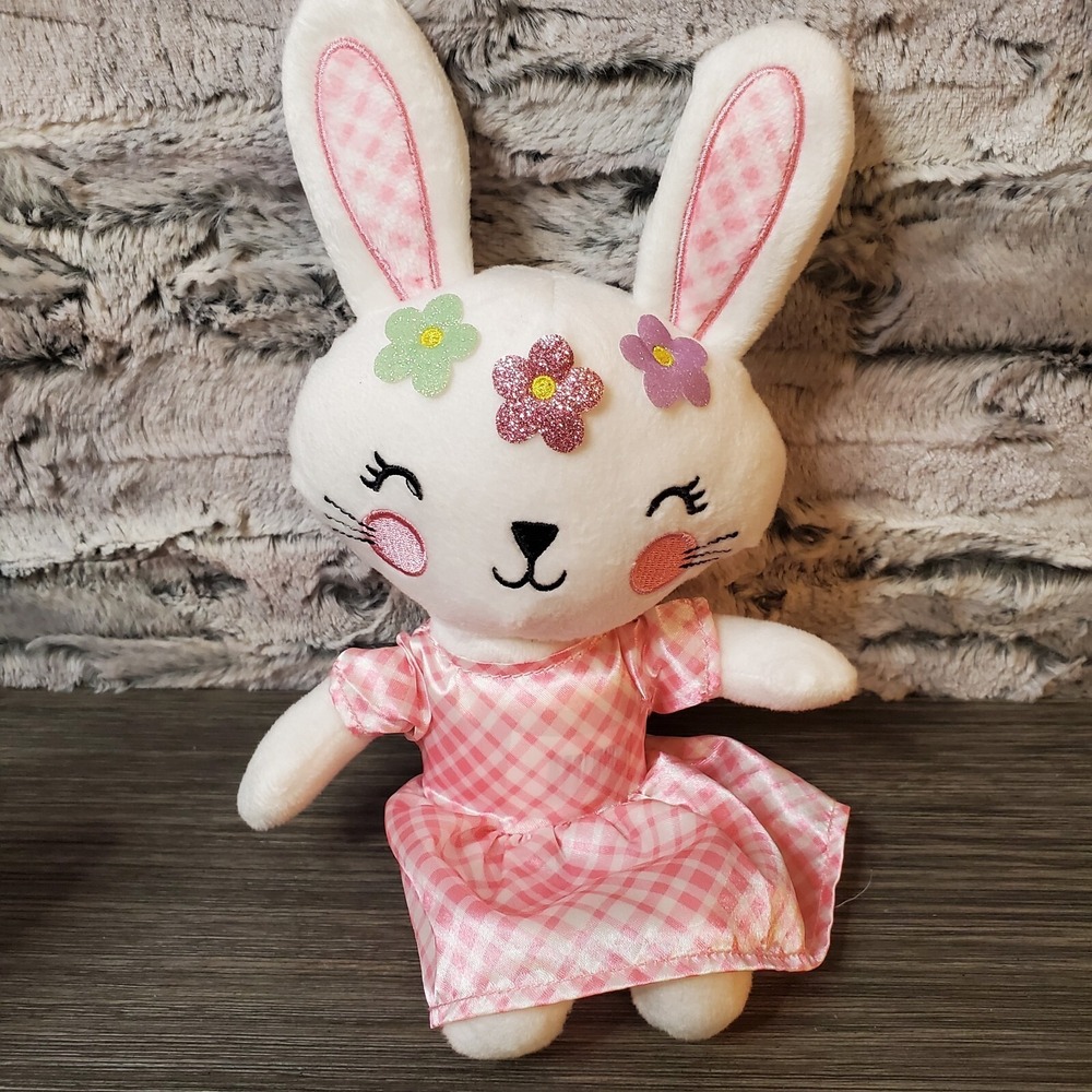 White Girl Bunny Rabbit Plush Pink Gingham Dress Happy Go Fluffy Walgreens 11"